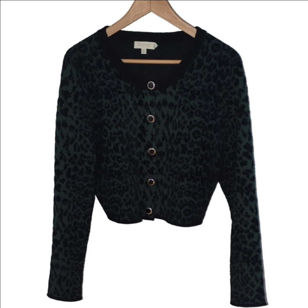 Ronny Kobo Green Black Leopard Print Cropped Cardigan Sweater Size Large